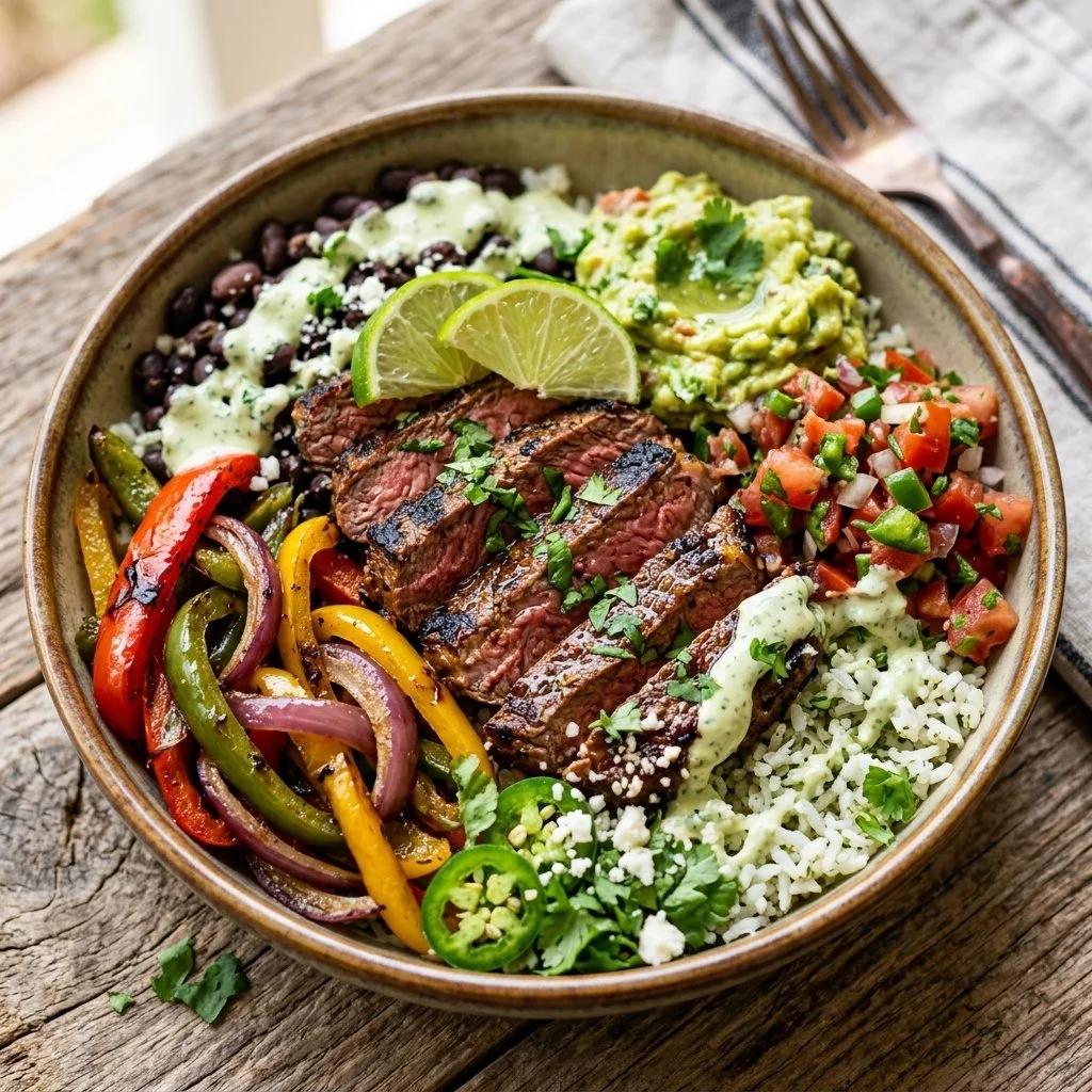 Delicious steak fajita bowl with grilled steak, peppers, and onions.