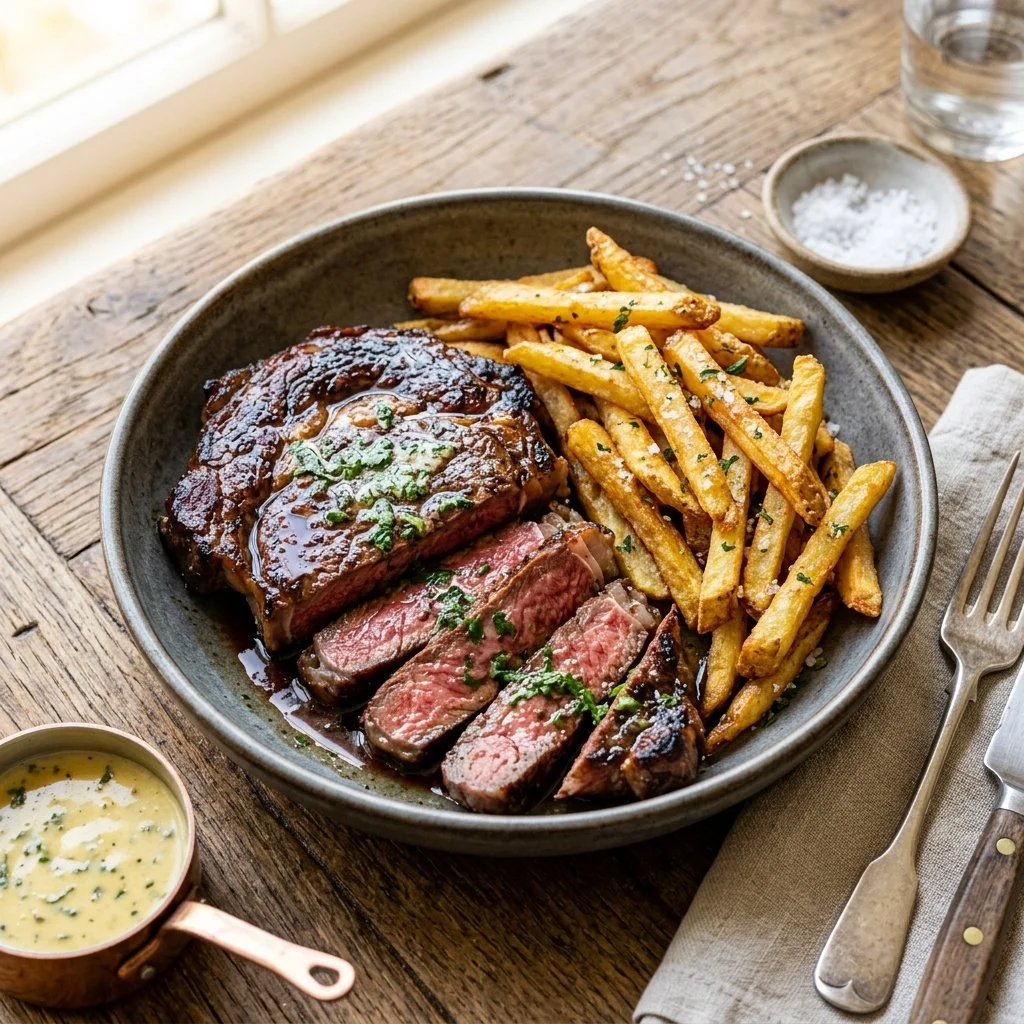 Plate of Steak Frites with juicy steak and crispy French fries
