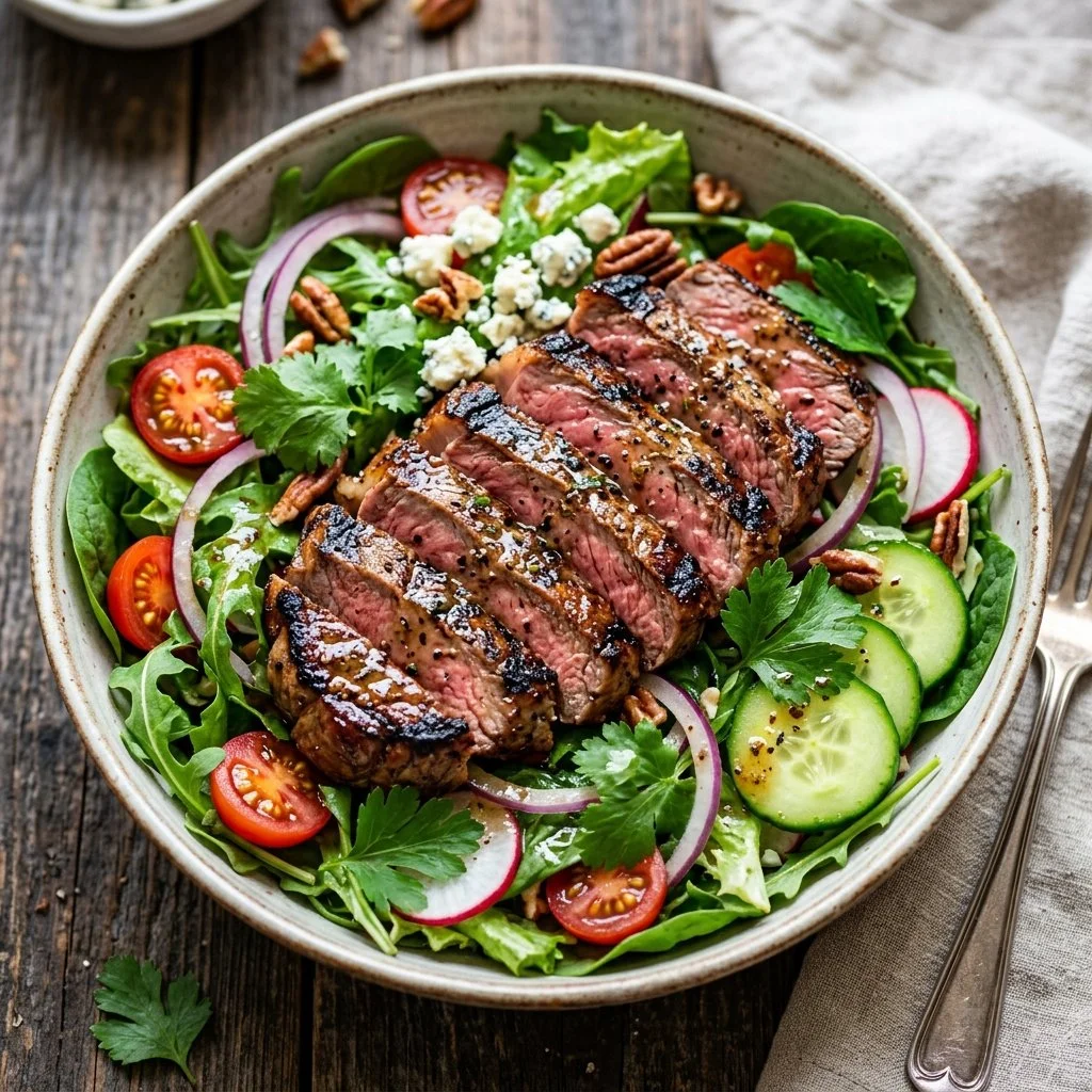 Delicious steak salad with tender steak slices and fresh vegetables