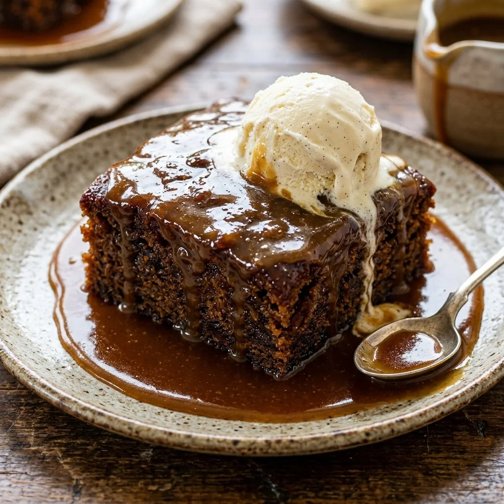 Delicious sticky toffee pudding served with warm toffee sauce