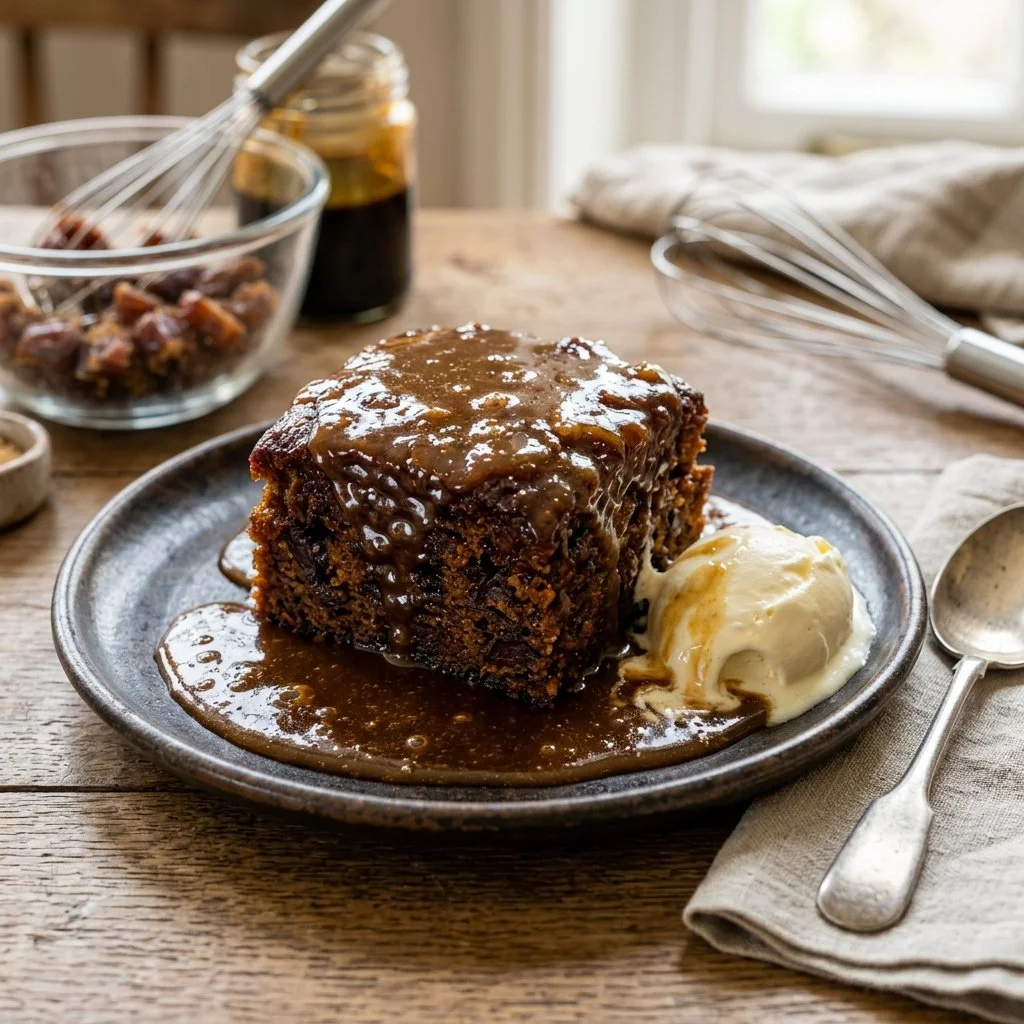 Delicious sticky toffee pudding served with warm toffee sauce