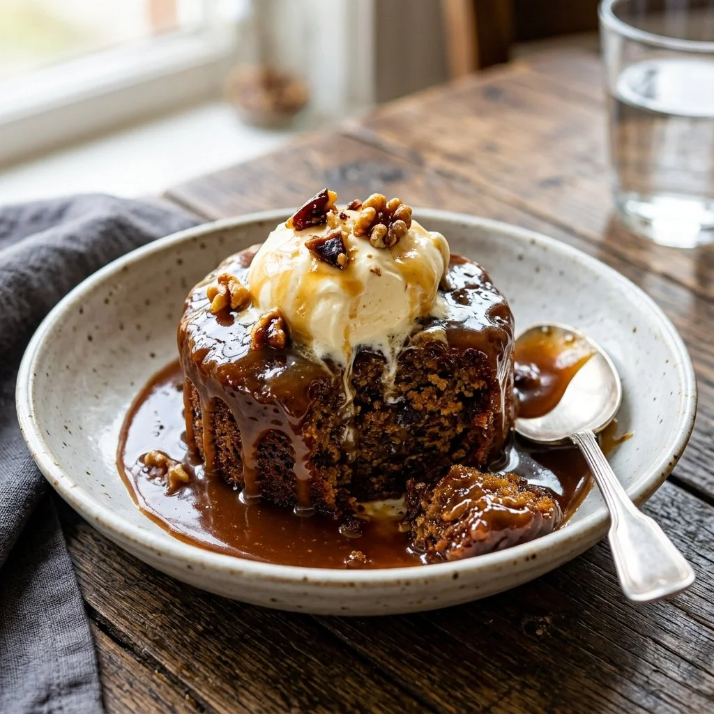 Delicious Sticky Toffee Pudding served with rich toffee sauce and whipped cream