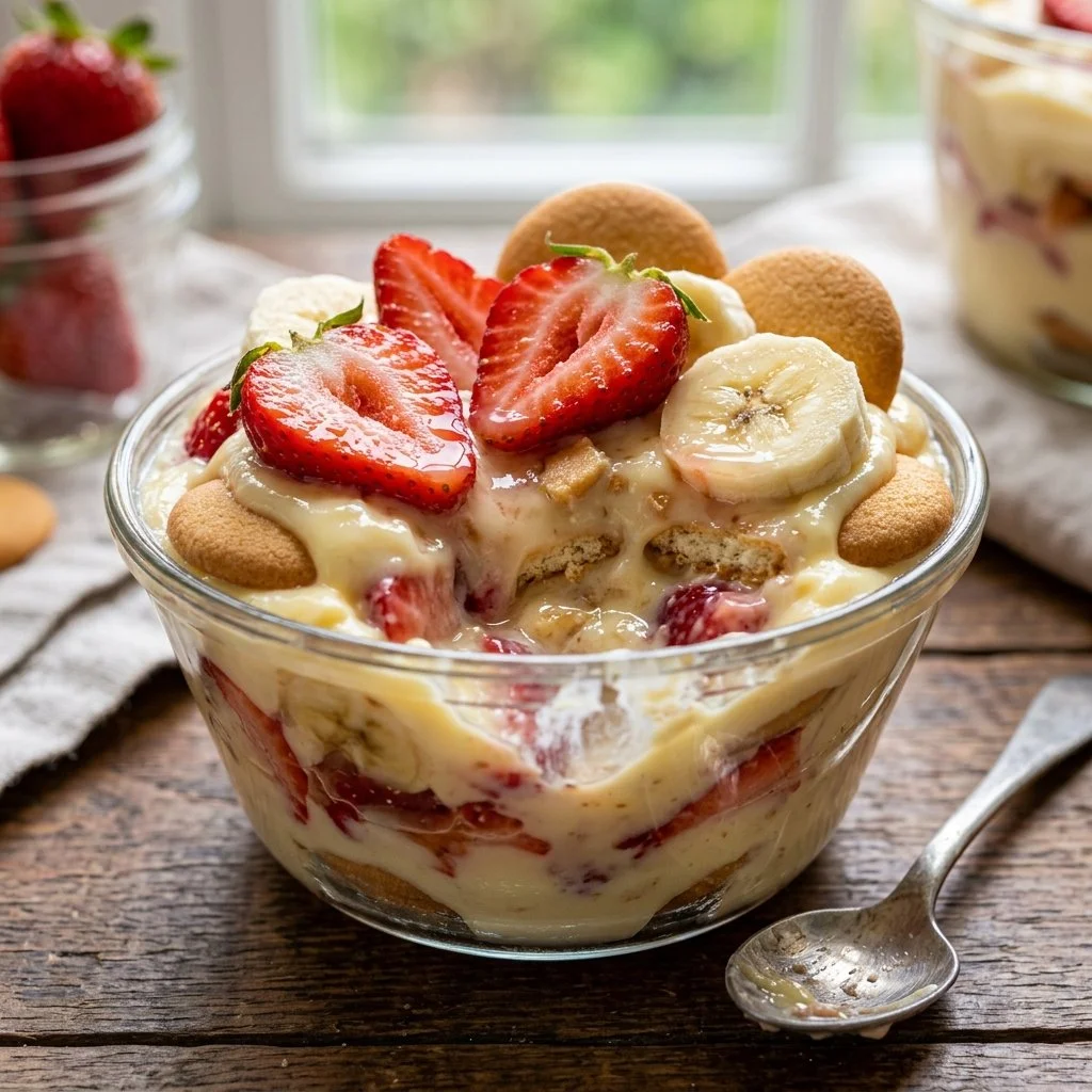 Delicious strawberry banana pudding served in a bowl with fresh strawberries and bananas