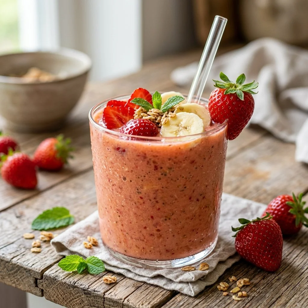 Delicious strawberry banana smoothie in a glass with fresh fruits