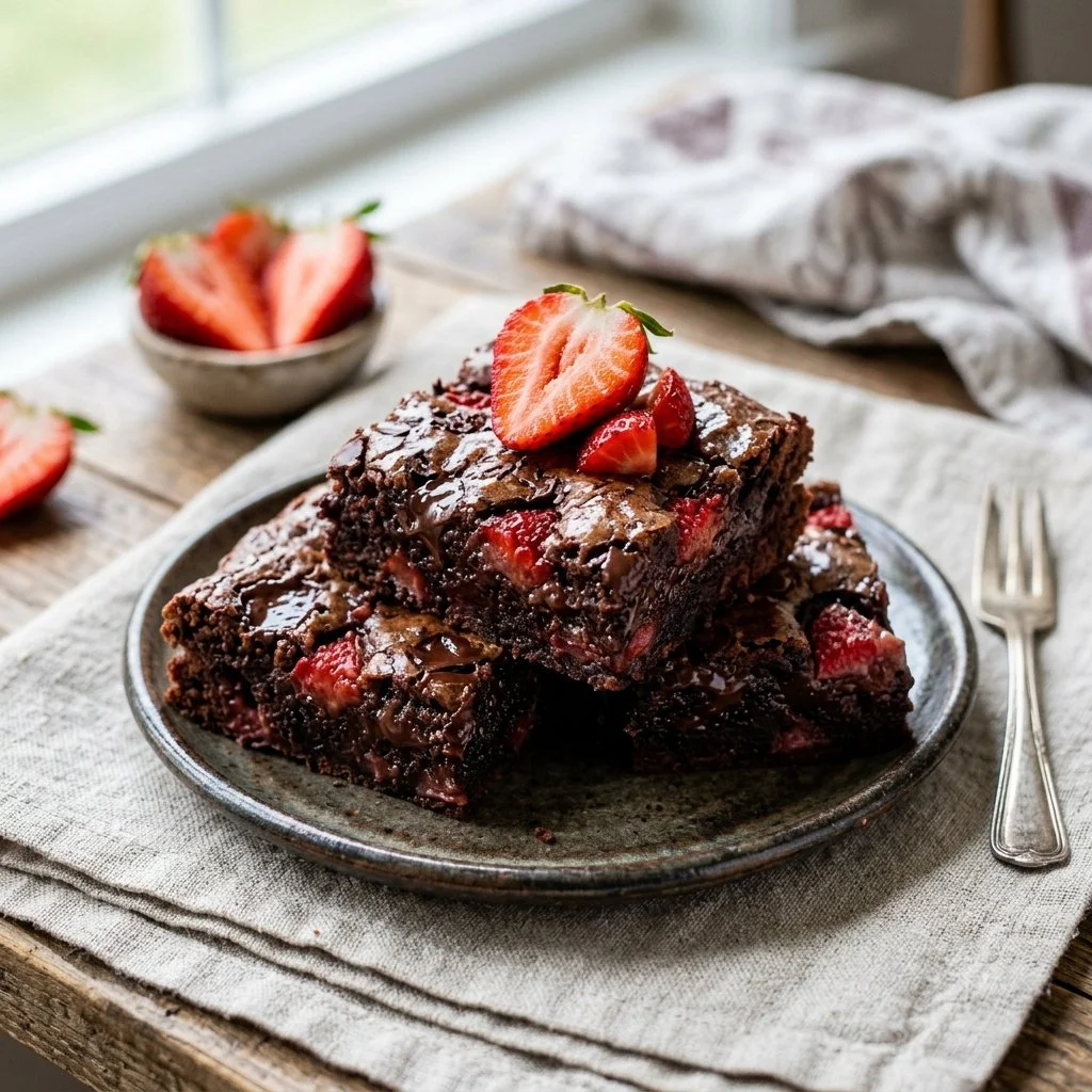 Delicious homemade strawberry brownies on a white plate