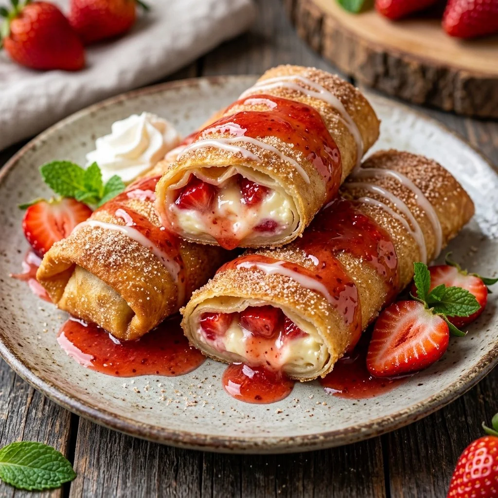 Delicious strawberry cheesecake chimichangas served on a plate