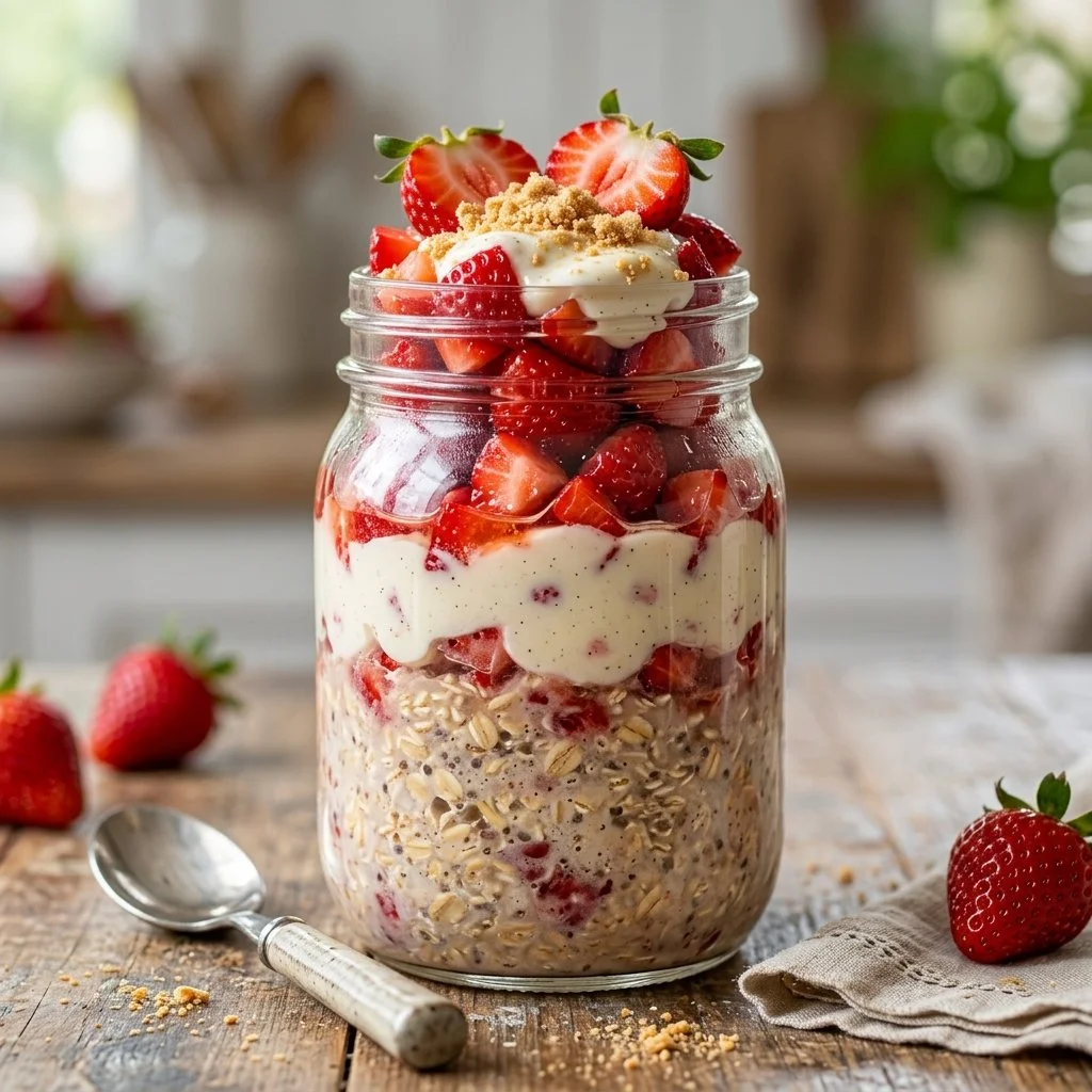 Delicious strawberry cheesecake overnight oats topped with fresh strawberries
