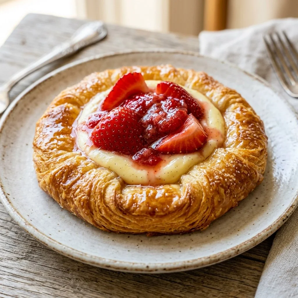 Freshly baked Strawberry Cream Cheese Danish with vibrant strawberries and cream cheese filling