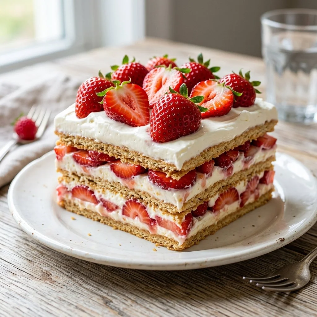 Delicious Strawberry Icebox Cake layered with fresh strawberries and whipped cream