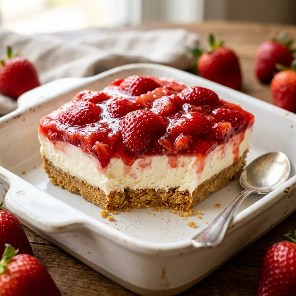 Delicious slice of Strawberry Lush dessert with fresh strawberries and cream