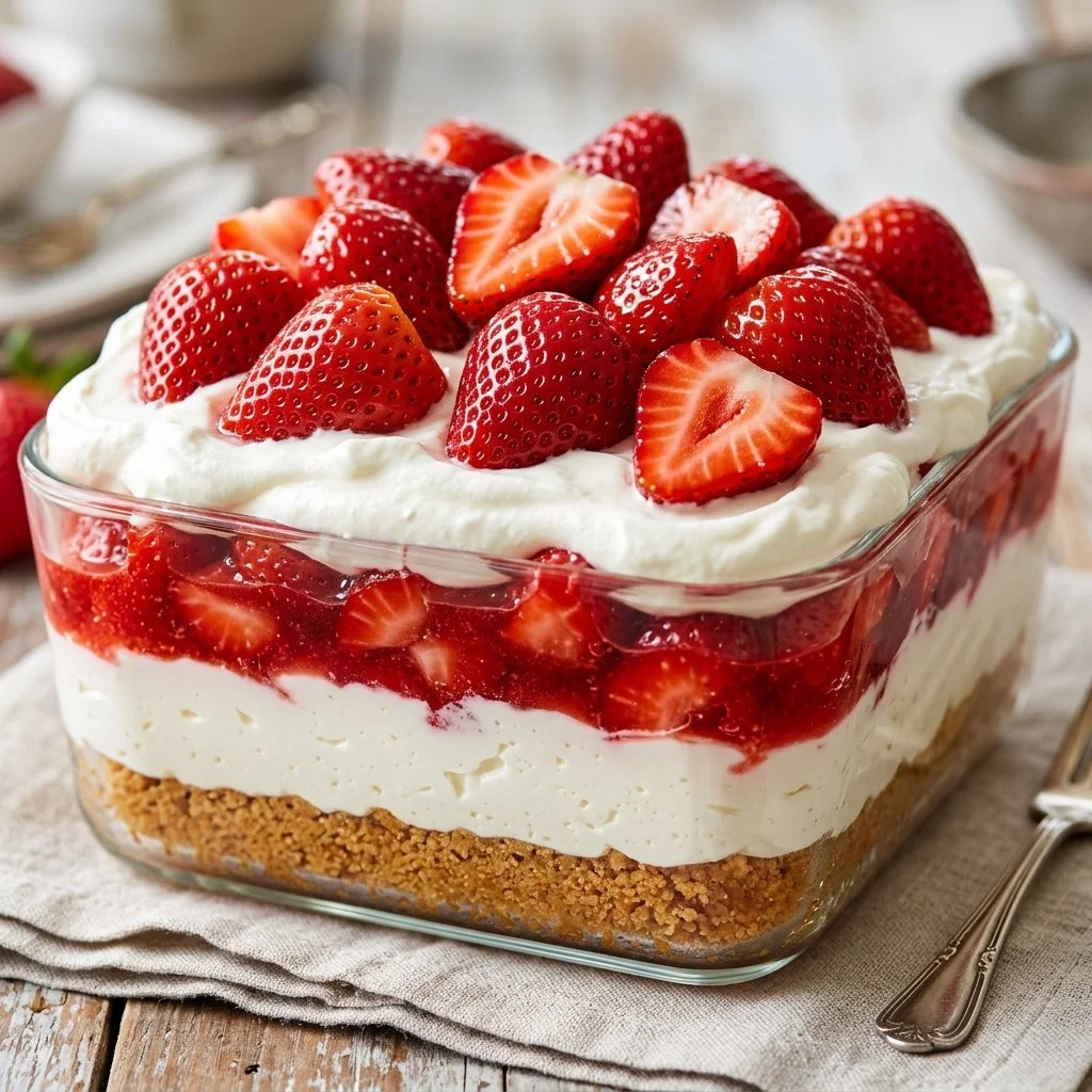 Delicious Strawberry Lush dessert with fresh strawberries and creamy layers