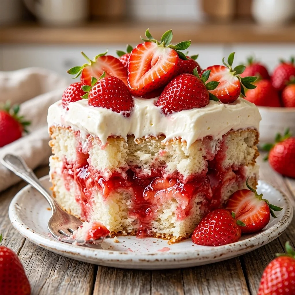 Delicious homemade strawberry poke cake topped with fresh strawberries and whipped cream.