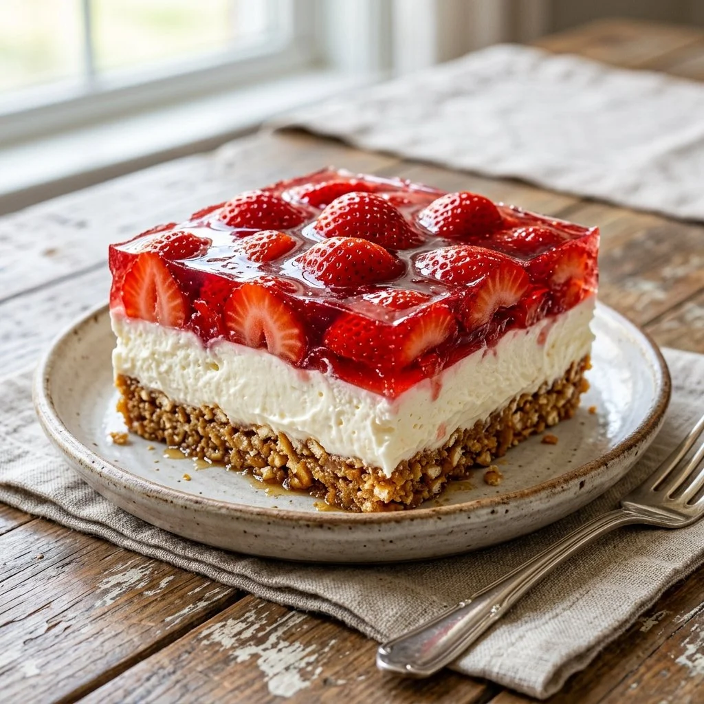 Delicious Strawberry Pretzel Salad with strawberries, pretzels, and cream cheese.