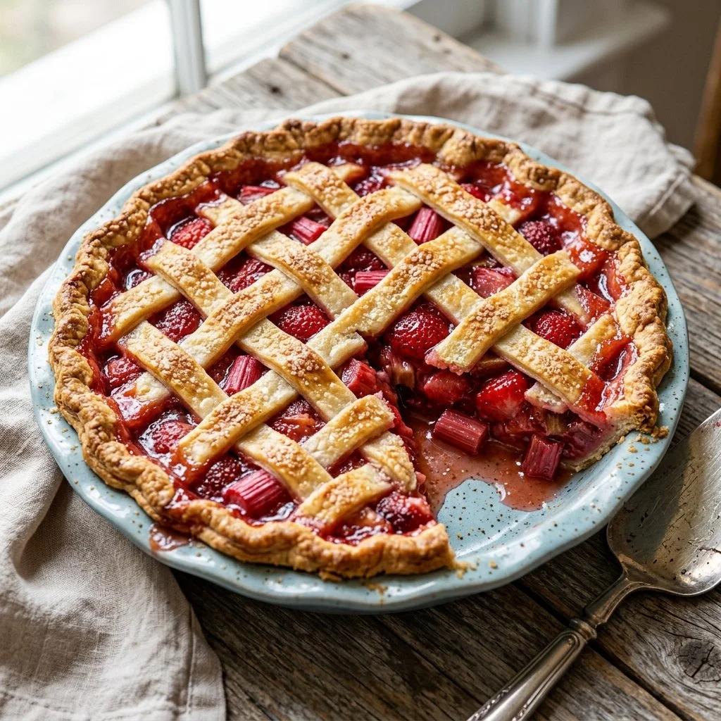 Delicious homemade strawberry rhubarb pie with a golden crust