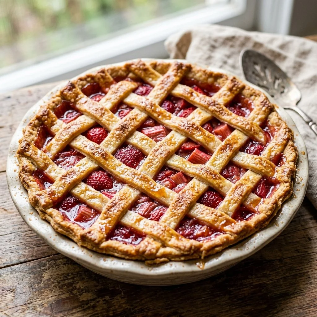 Homemade strawberry rhubarb pie with fresh fruit filling and golden crust