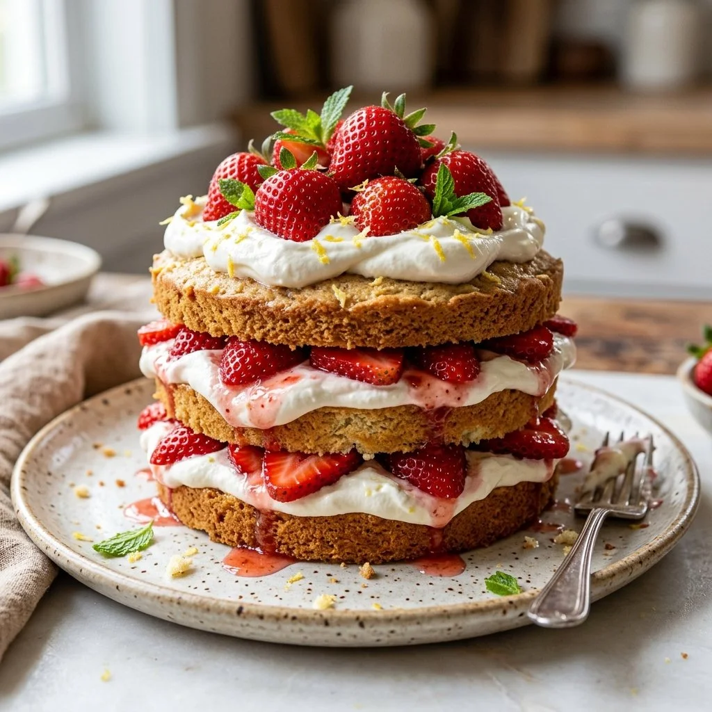 Delicious strawberry shortcake with fresh strawberries and whipped cream