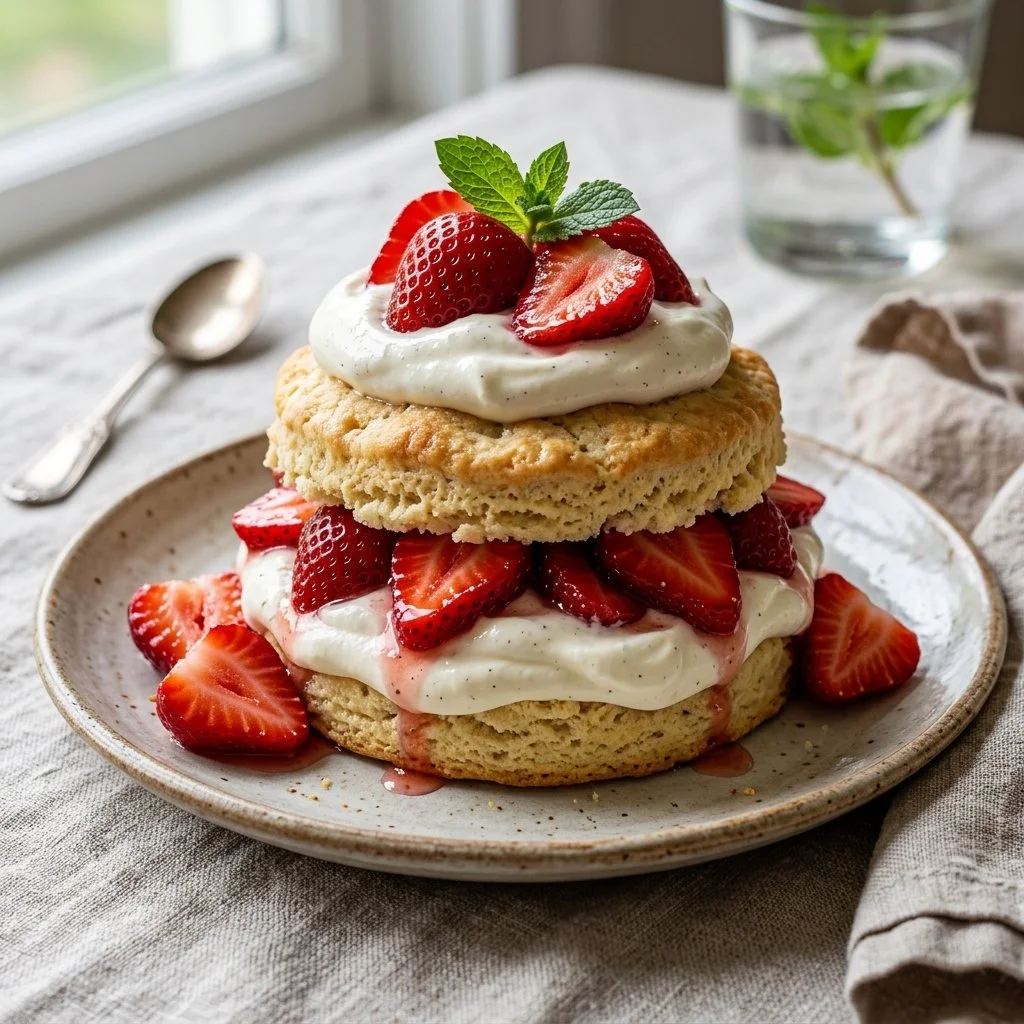 Delicious strawberry shortcake with fresh strawberries and whipped cream