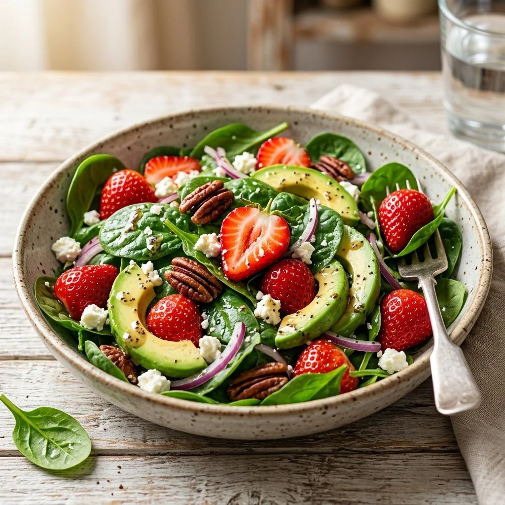 Fresh Strawberry Spinach Salad with nuts and feta cheese