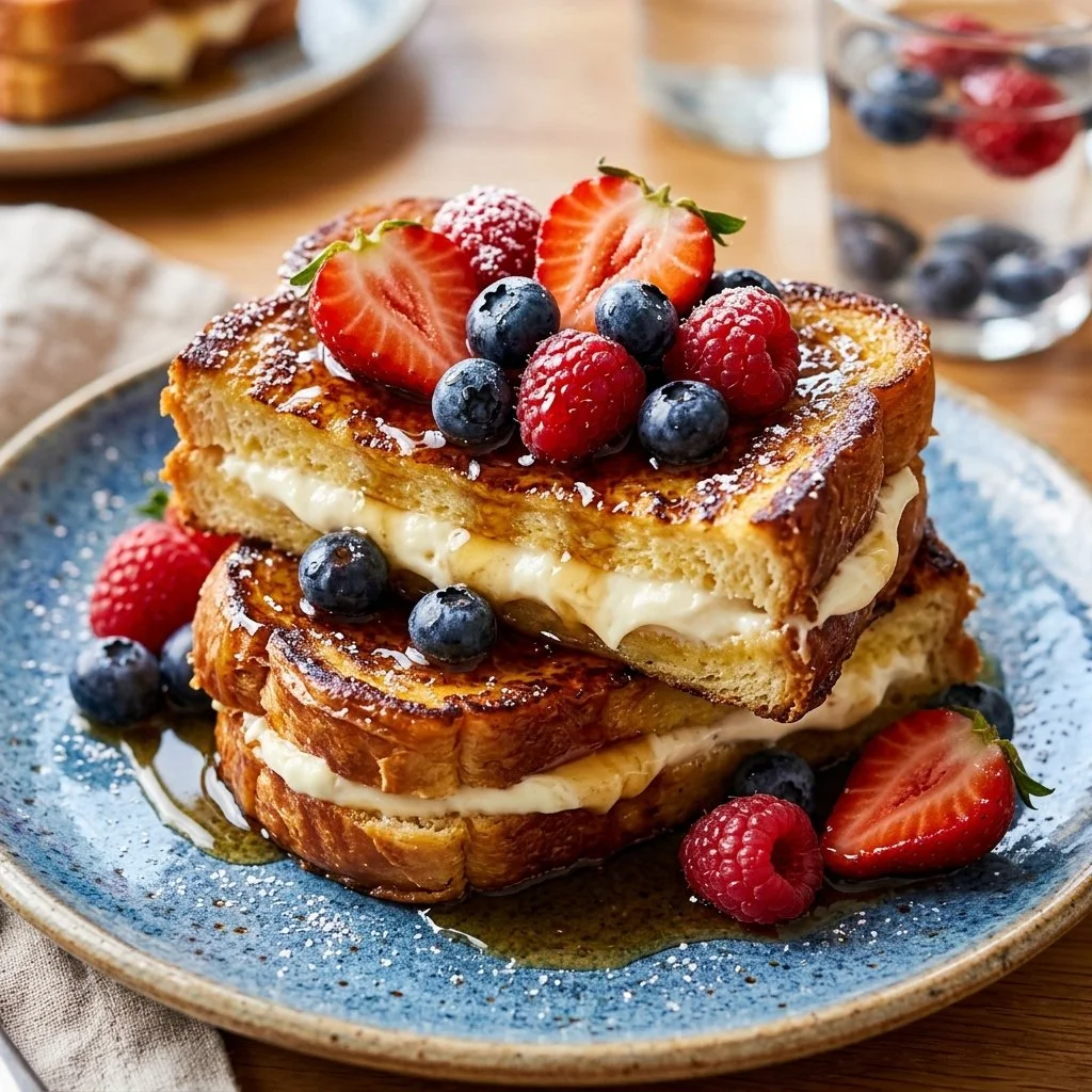 Delicious stuffed French toast topped with berries and syrup.