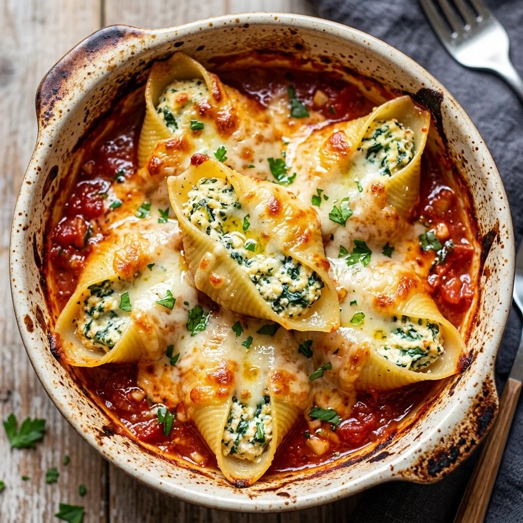 Plate of creamy stuffed shells filled with ricotta cheese and marinara sauce