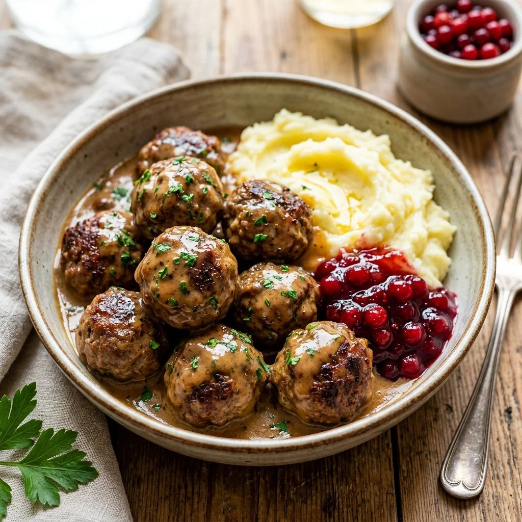 Plate of traditional Swedish meatballs served with creamy gravy and lingonberry sauce