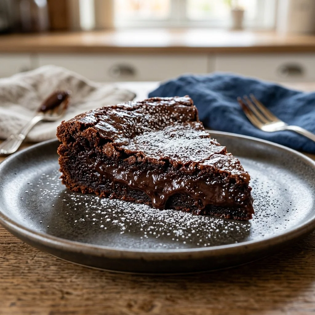 A slice of Swedish Sticky Cake topped with caramel sauce and served on a plate.