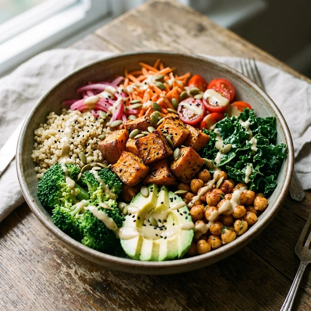 Colorful Sweet Potato Buddha Bowl with fresh vegetables and grains.