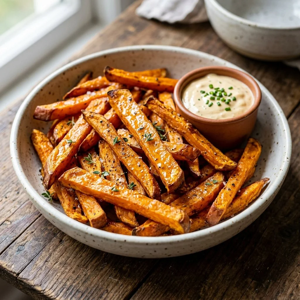 Delicious golden brown sweet potato fries served on a plate
