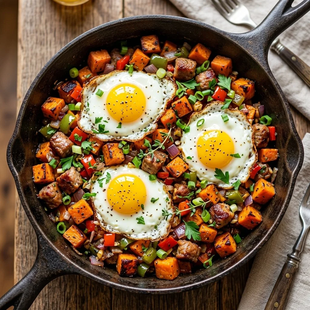 Colorful Sweet Potato Hash served in a skillet with vegetables and herbs