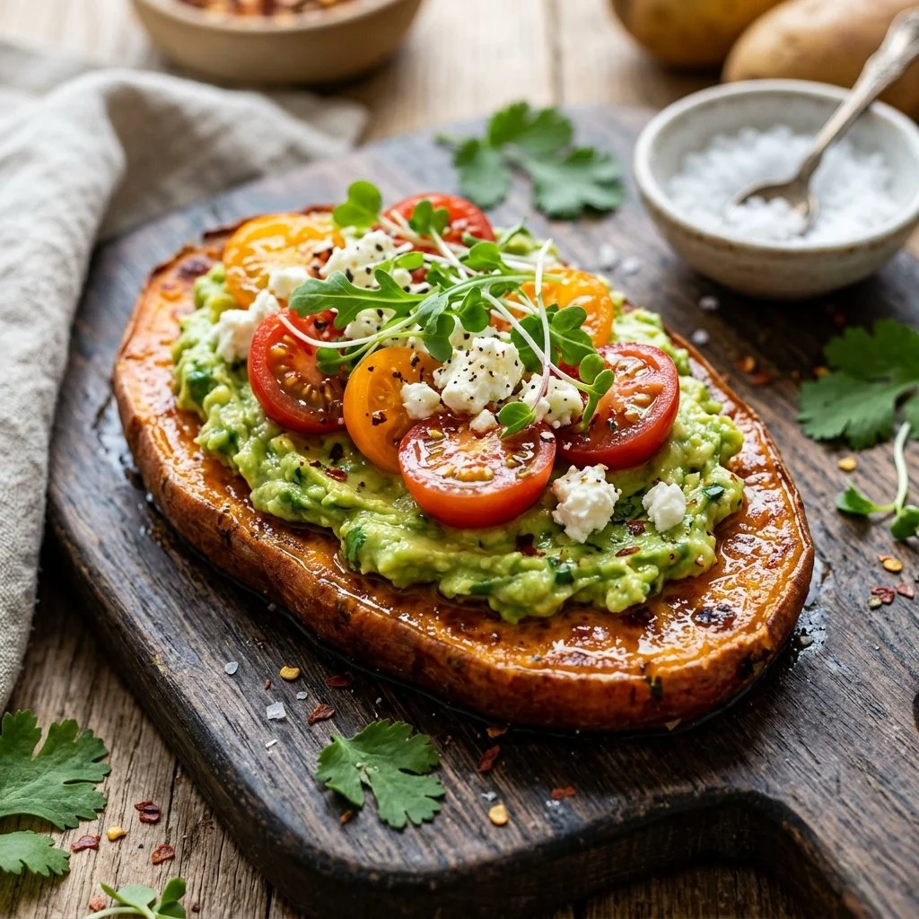 Sweet potato toast topped with avocado and herbs on a wooden cutting board.