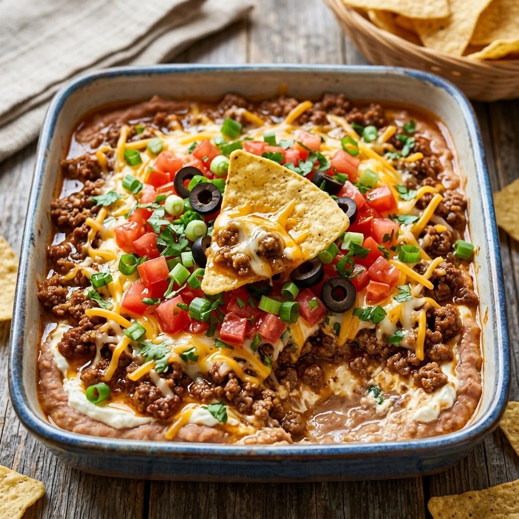 Delicious taco dip served with tortilla chips on a colorful platter.