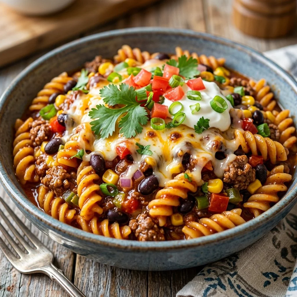 Bowl of Taco Pasta topped with cheese and fresh herbs