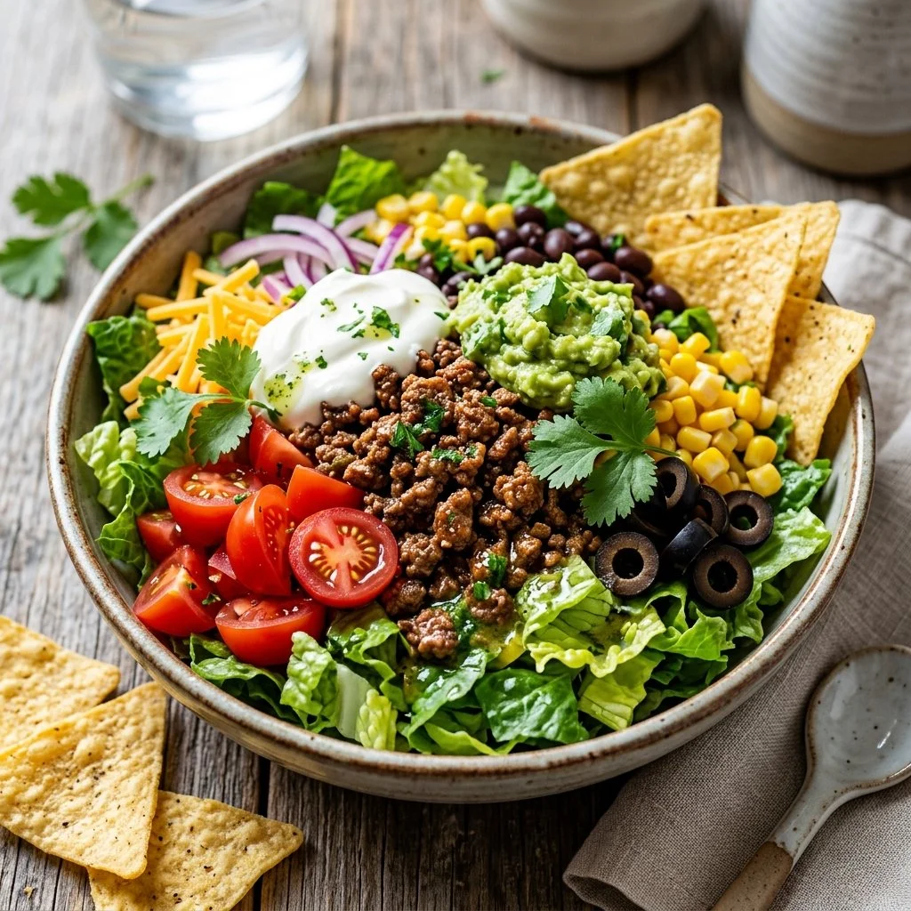 Delicious taco salad with lettuce, beef, cheese, and fresh toppings served in a bowl.
