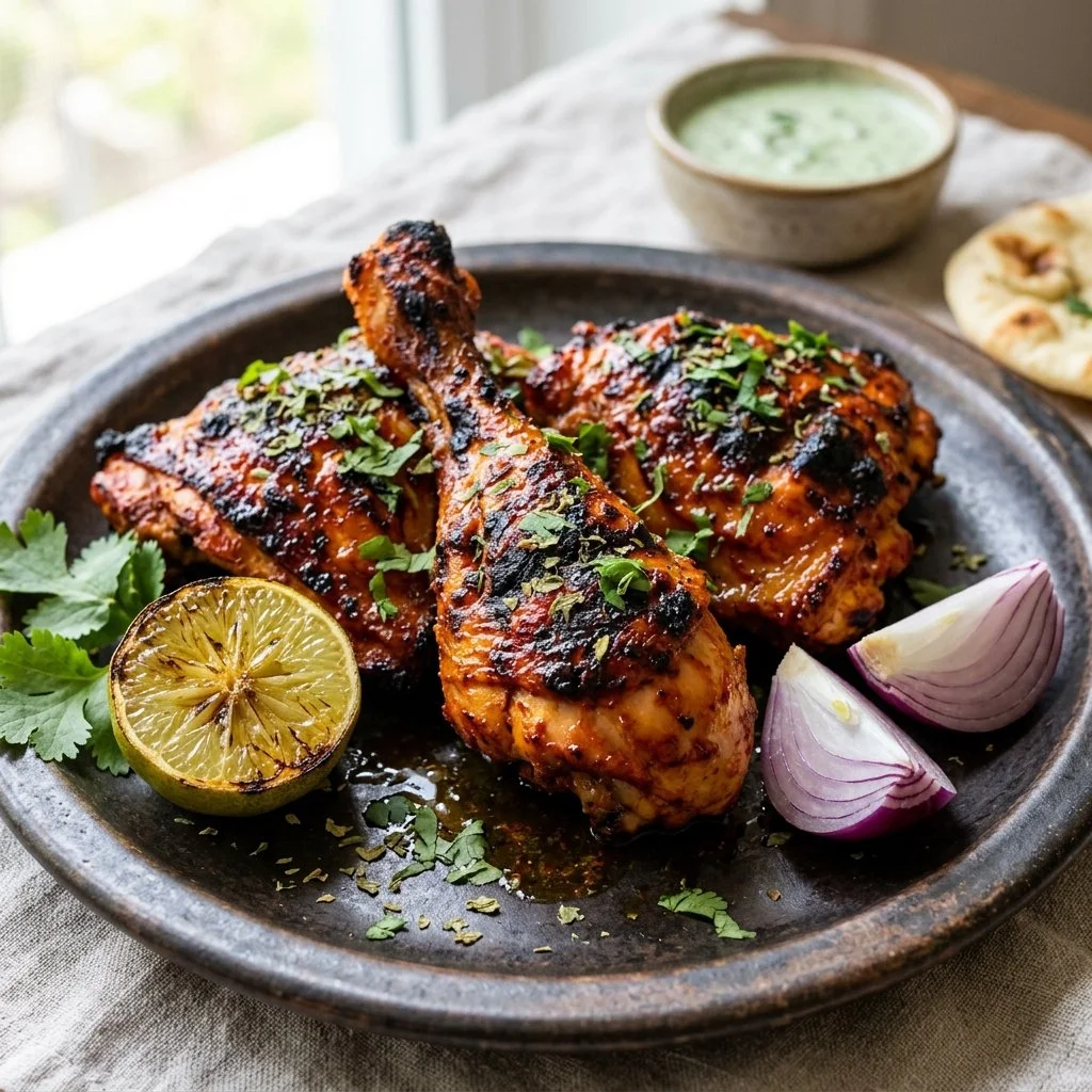Plate of delicious Tandoori Chicken garnished with herbs and spices.