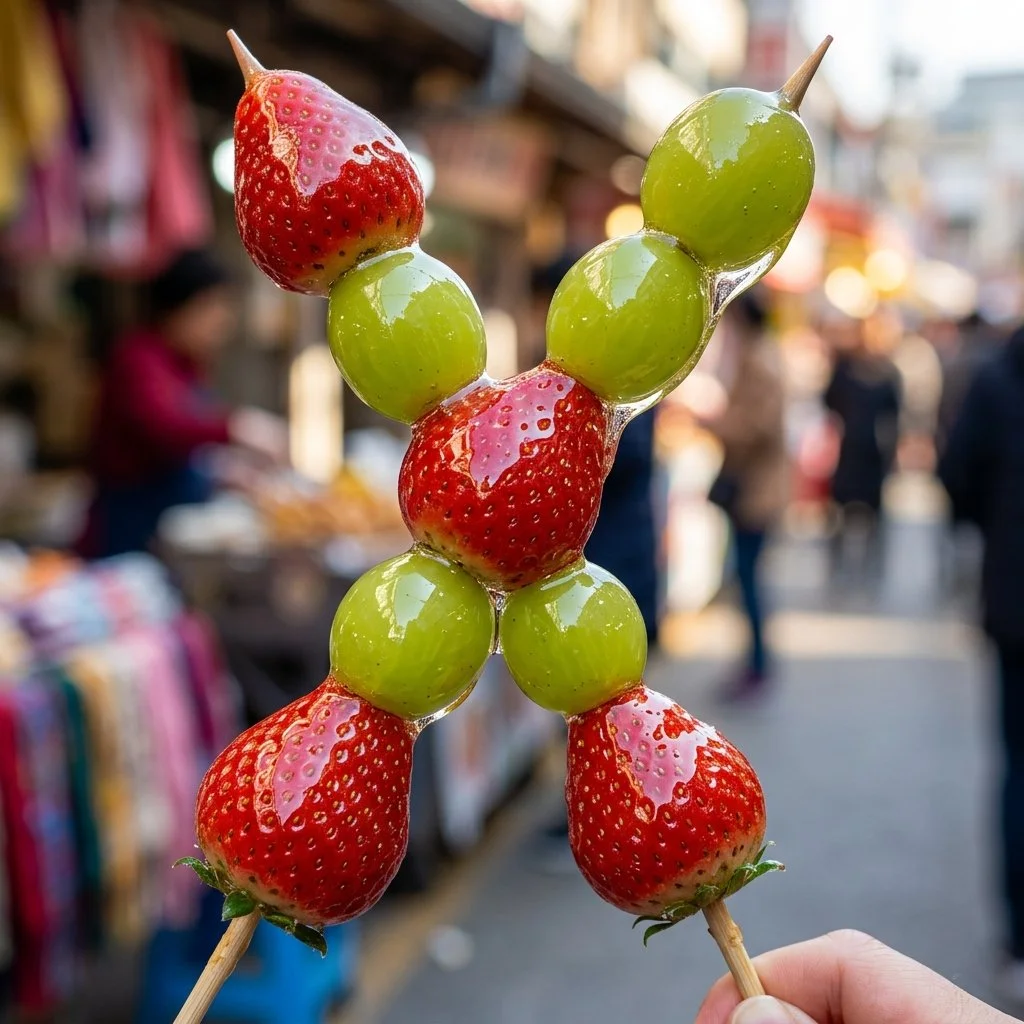 Delicious Tanghulu fruit on a stick, a sweet traditional Chinese treat.