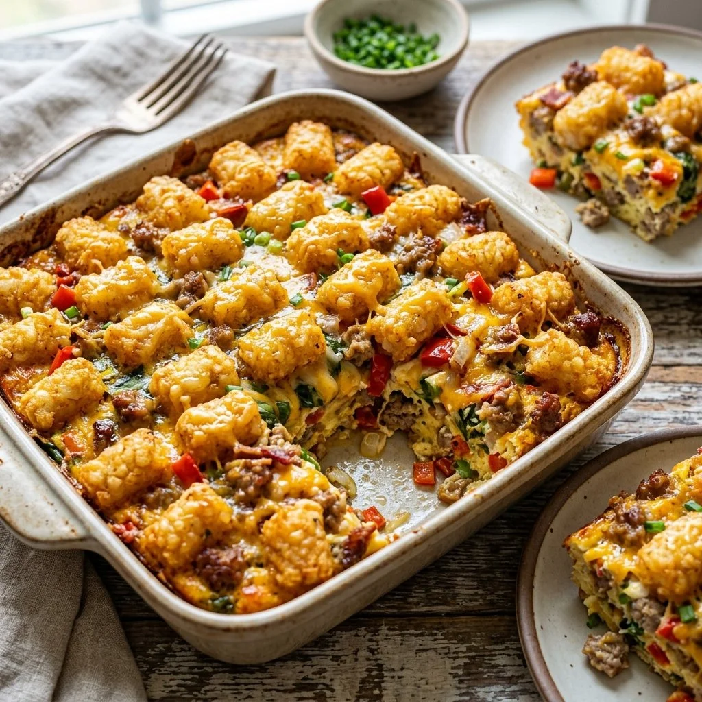 Delicious Tater Tot Breakfast Casserole with eggs, cheese, and toppings