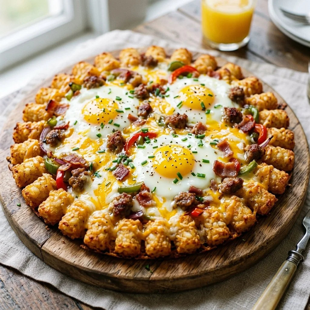 Tater Tot Breakfast Pizza topped with cheese and eggs.