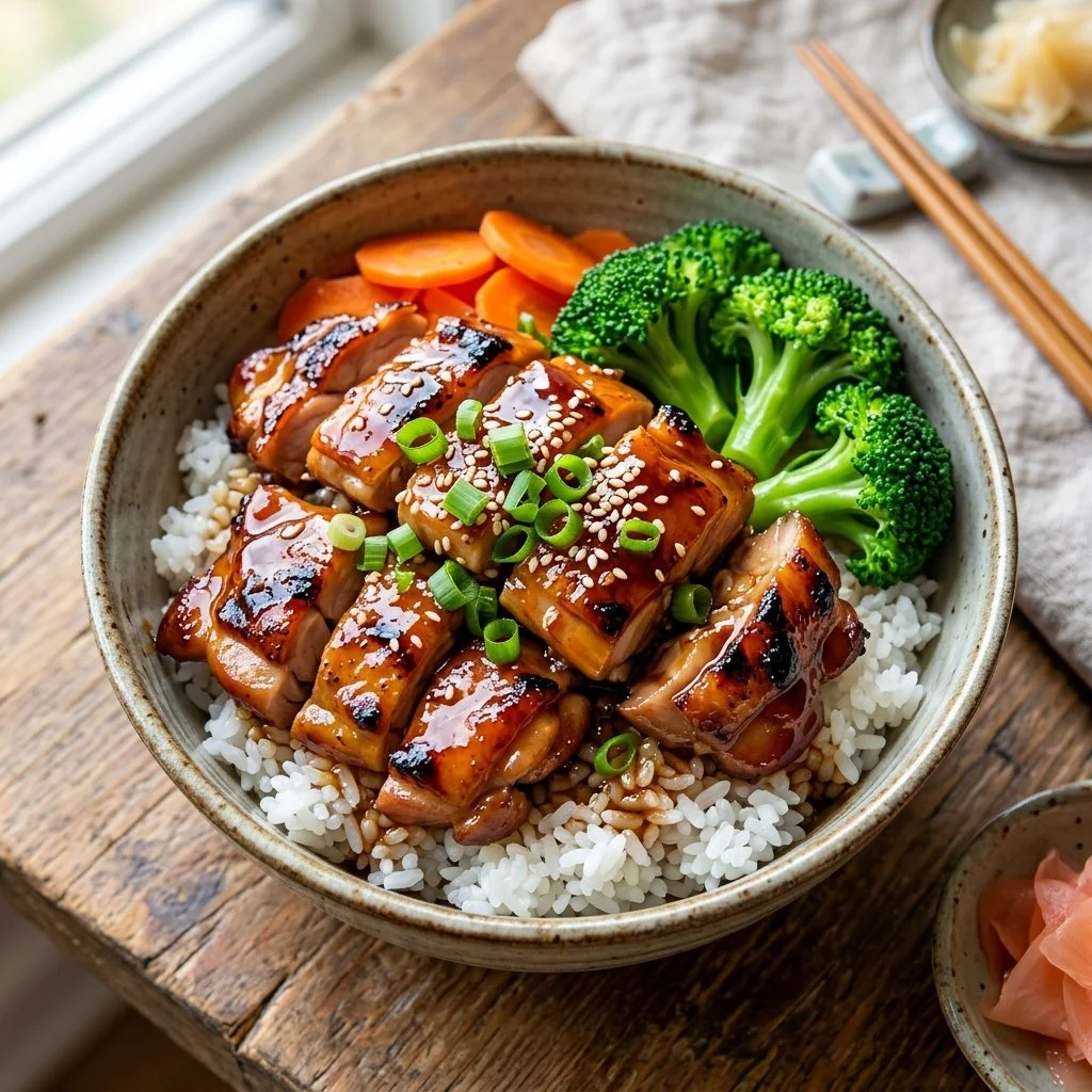Delicious teriyaki chicken bowl with grilled chicken, vegetables, and rice