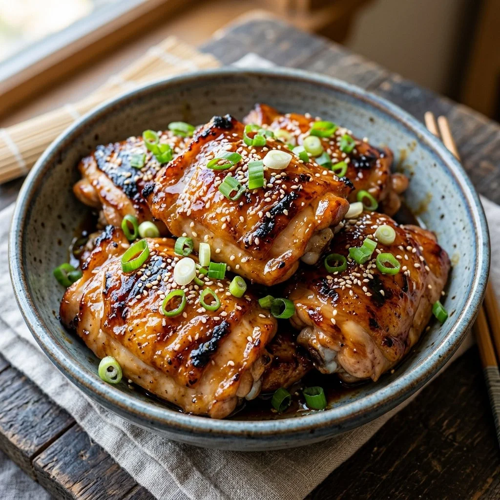 Delicious teriyaki chicken thighs garnished with sesame seeds and green onions