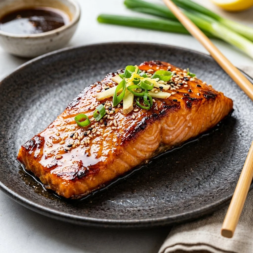 Plate of Teriyaki Salmon garnished with sesame seeds and green onions
