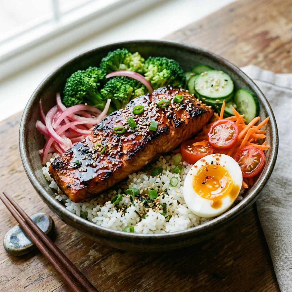 Delicious teriyaki salmon bowls garnished with vegetables and sesame seeds.
