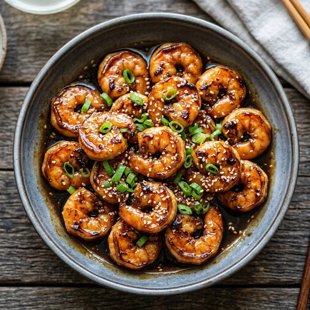 Delicious teriyaki shrimp served with vegetables and rice