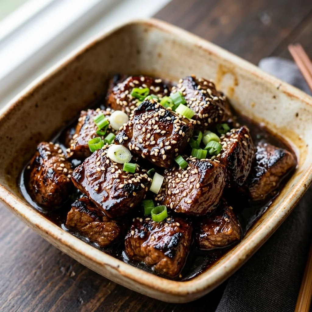 Delicious teriyaki steak served with garnishes on a plate.