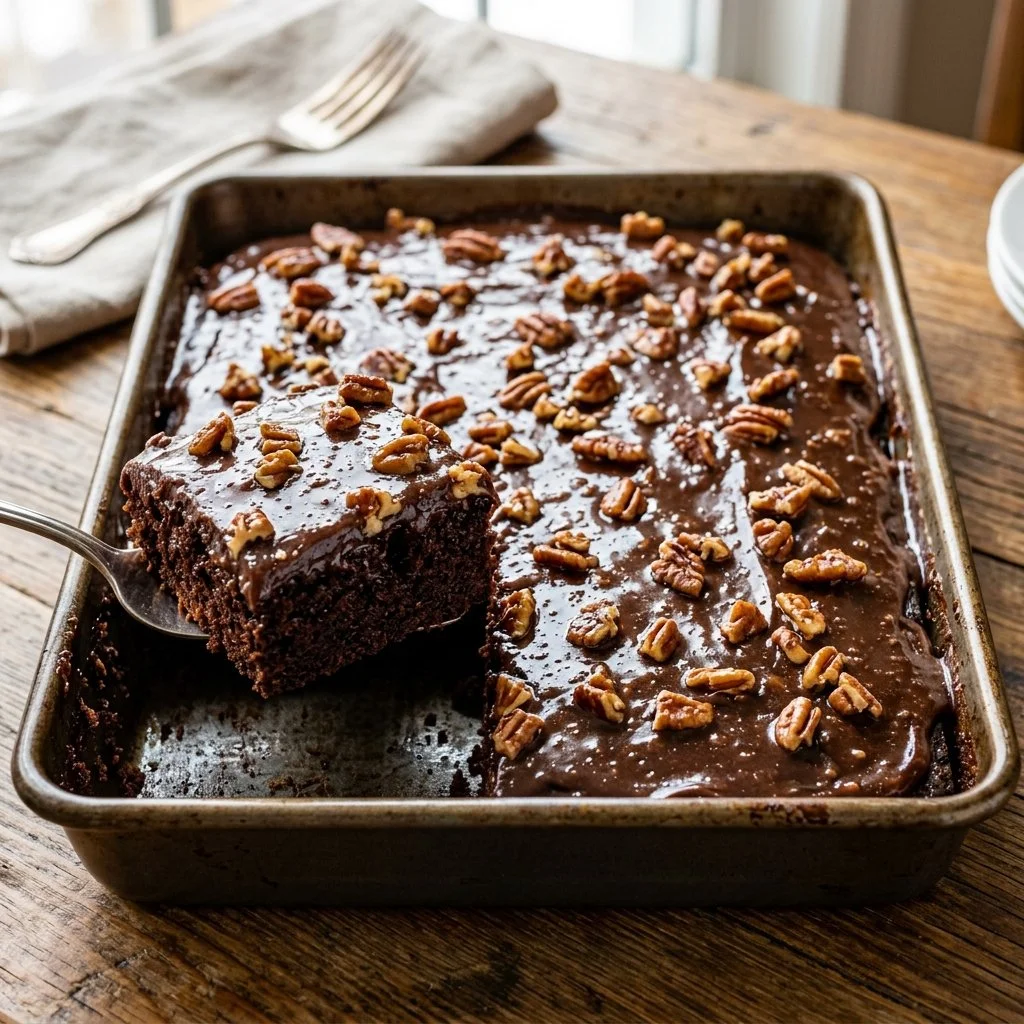 Delicious Texas Sheet Cake topped with chocolate icing and nuts