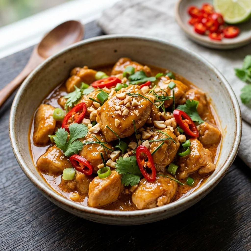 Plate of Thai Peanut Chicken topped with herbs and served with rice