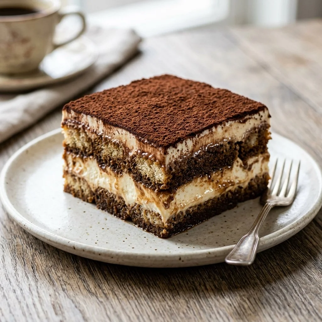 Delicious homemade tiramisu cake topped with cocoa powder and coffee beans.