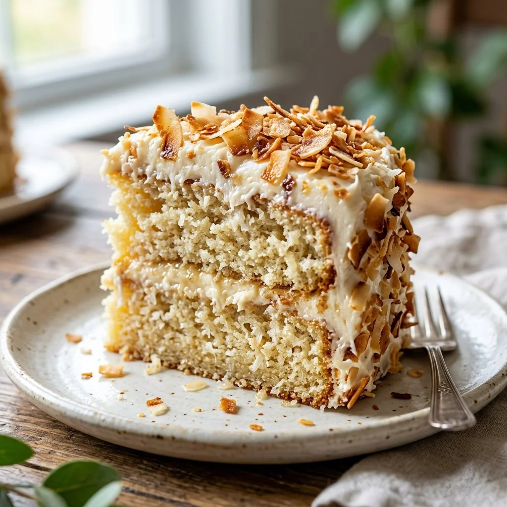 Deliciously moist toasted coconut cake topped with toasted coconut flakes.