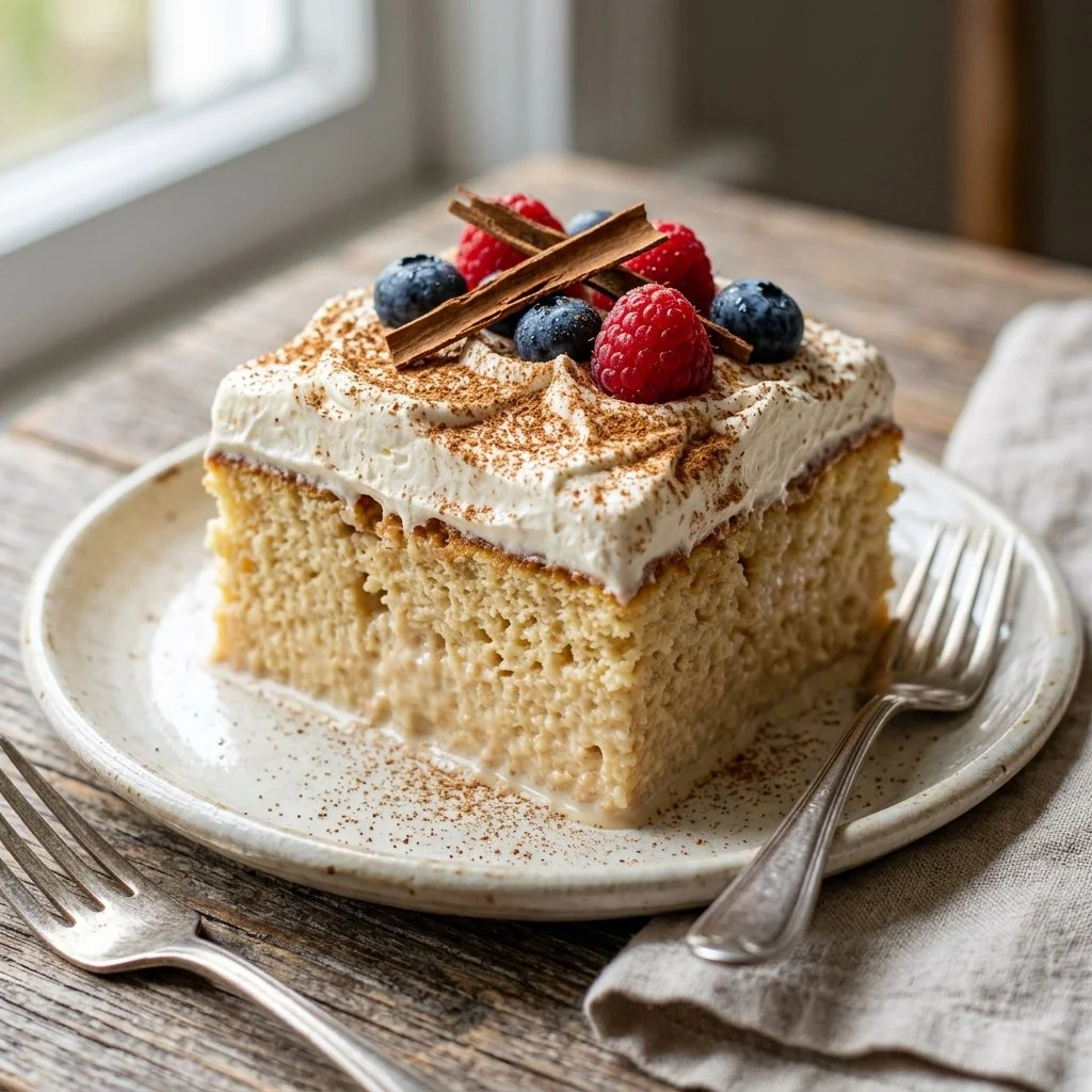 Delicious Tres Leches Cake soaked in three types of milk, topped with whipped cream.
