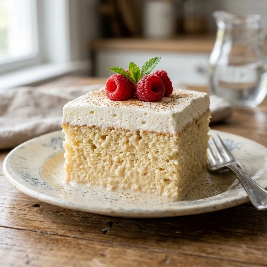 Delicious slice of Tres Leches Cake topped with whipped cream and strawberries