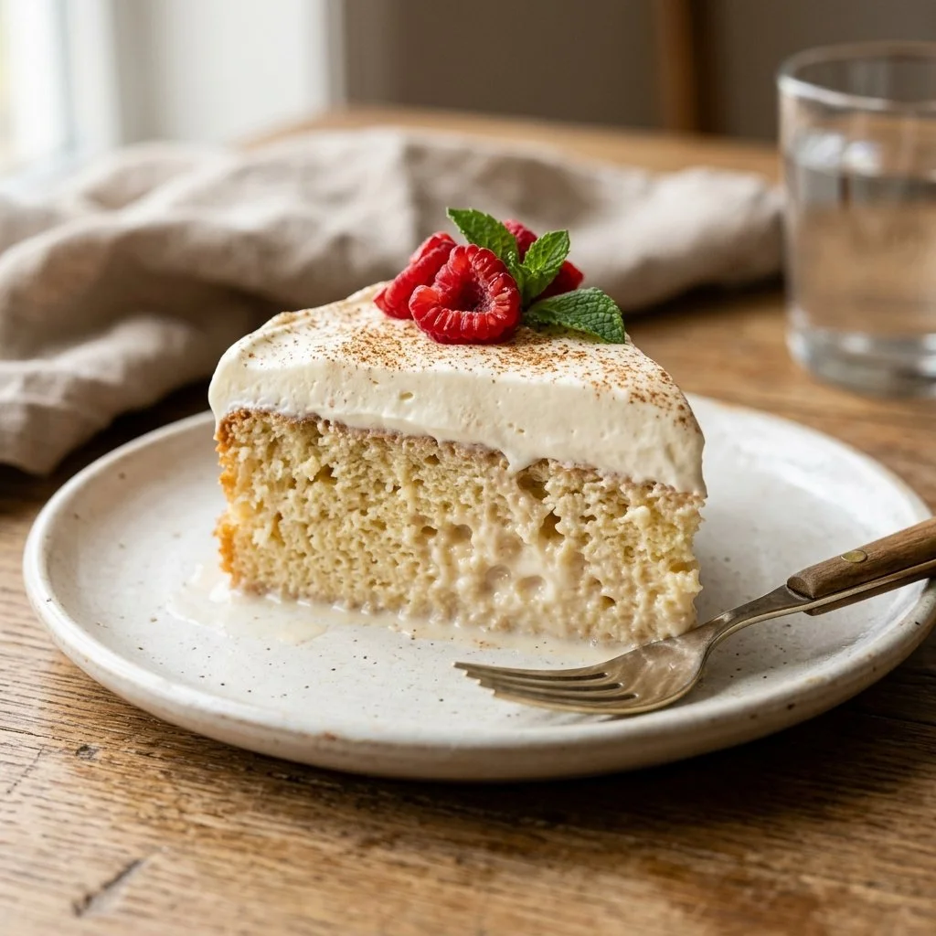 Delicious homemade Tres Leches Cake topped with whipped cream and fruit